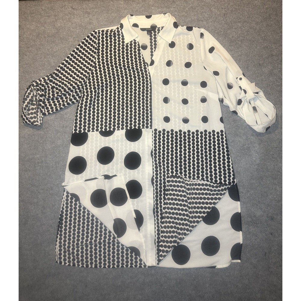 Alfani Mixed Polka Dot Tunic Large‎ Black White Roll Tab Sleeve Polyester